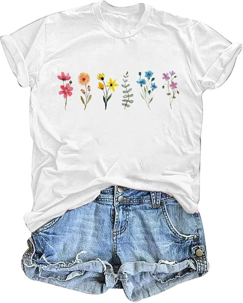 Vintage Flowers T Shirt Women Wildflower Graphic Tees Boho Floral Printed Top Short Sleeve Casual... | Amazon (US)