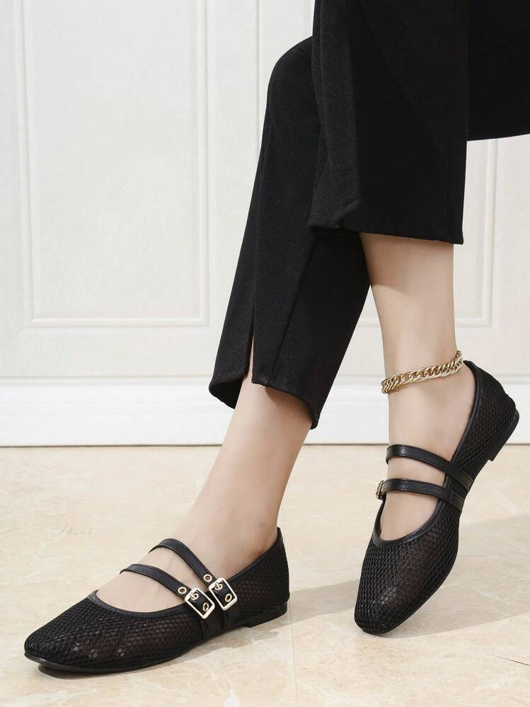 New Women Ballet Mesh Flats, Round Toe, Black And Apricot, Solid Color Breathable Casual Flat Shoes, Fashion And Comfortable | SHEIN