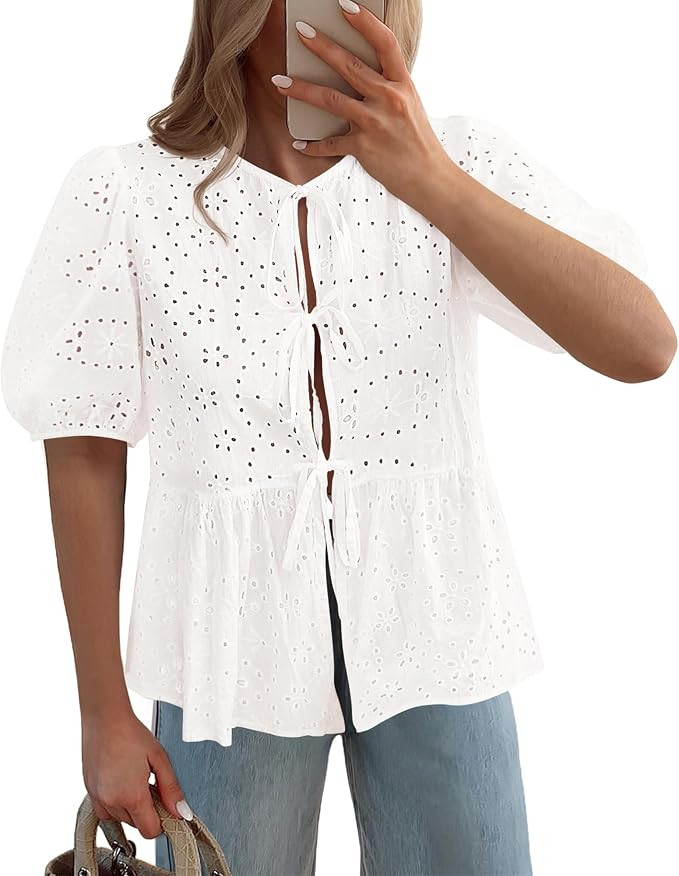 KIRUNDO Peplum Tops for Women 2026 Summer Eyelet Tie Front Blouses Casual Short Lantern Sleeve Cu... | Amazon (US)