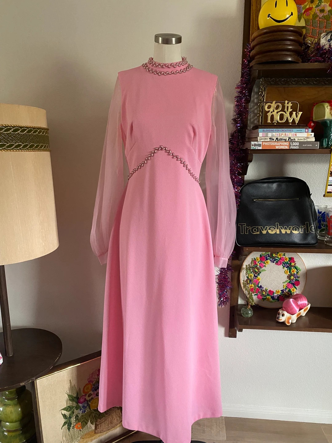 Vintage 60s Mod Bejeweled Light Pink Spring Maxi Dress With Sheer Long Sleeves and Mandarin Colla... | Etsy (US)