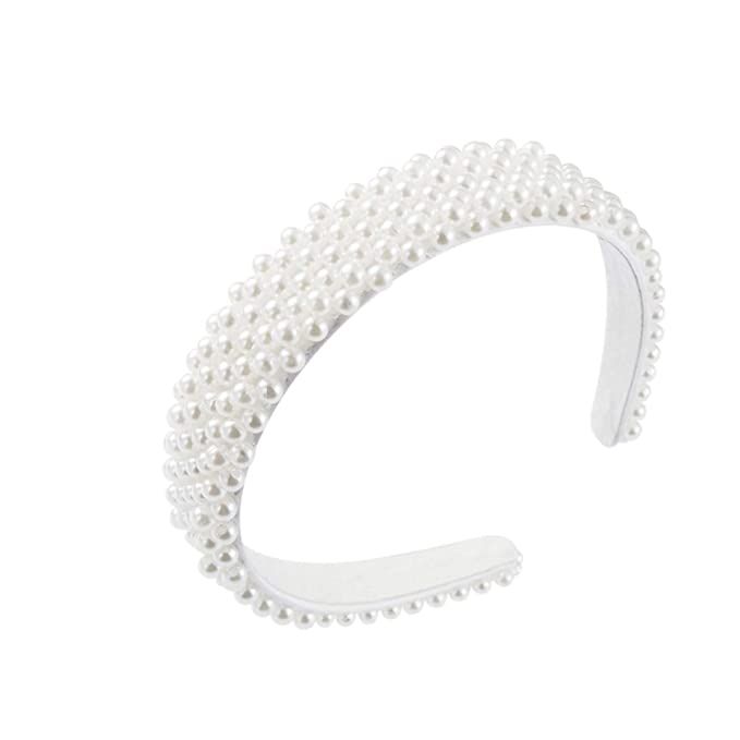 Pearl Headbands for Girls and Women, Plastic Wide Hair Hoop Band Embellish with Bling String Bead... | Amazon (US)