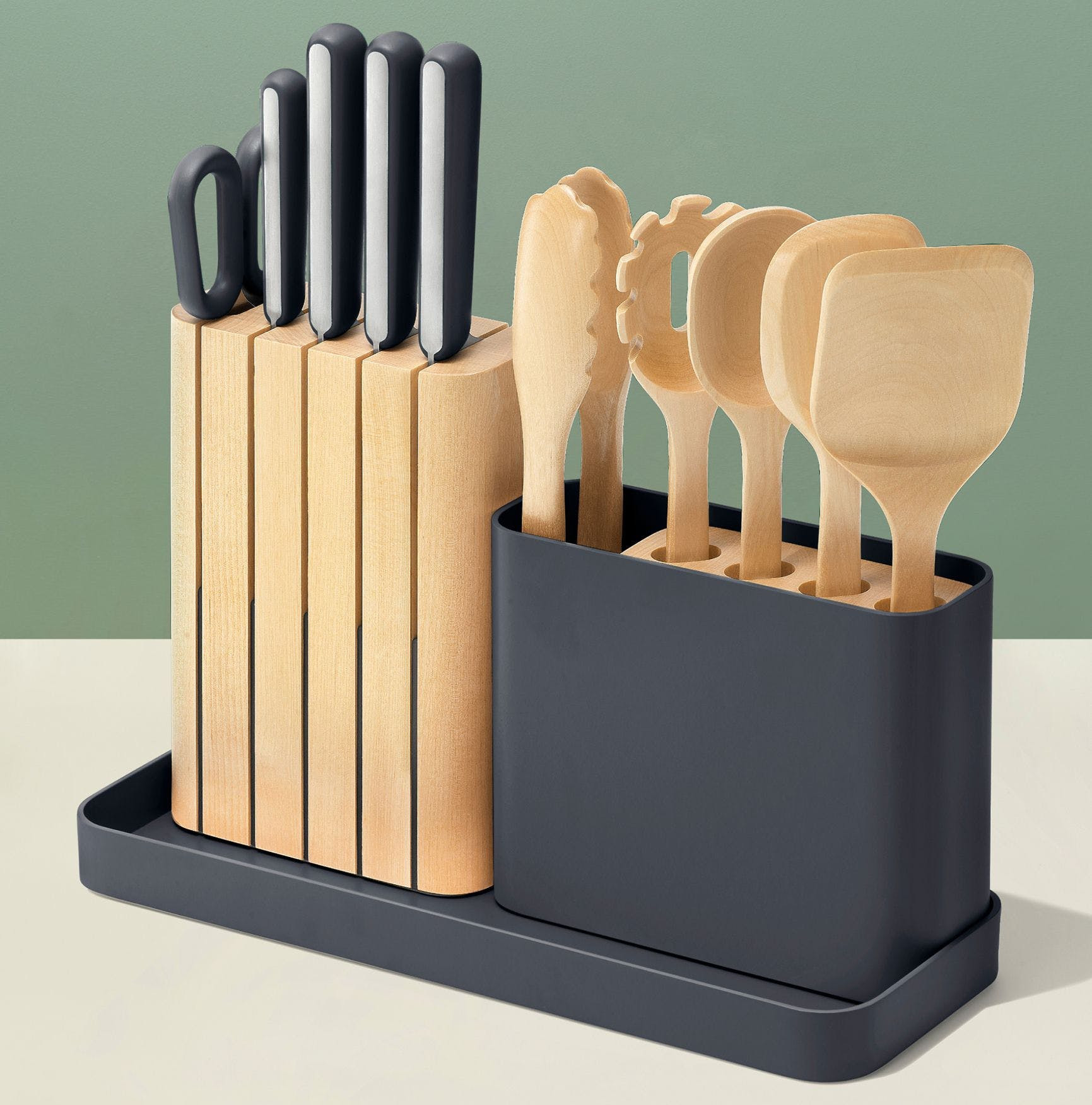 14 Piece Knife & Utensil Set W/ Storage In Charcoal | Premium German Stainless Steel Knives | Non-Toxic, Non-Stick, Natural Wood, Heat Resistant Utensils | Caraway | Caraway