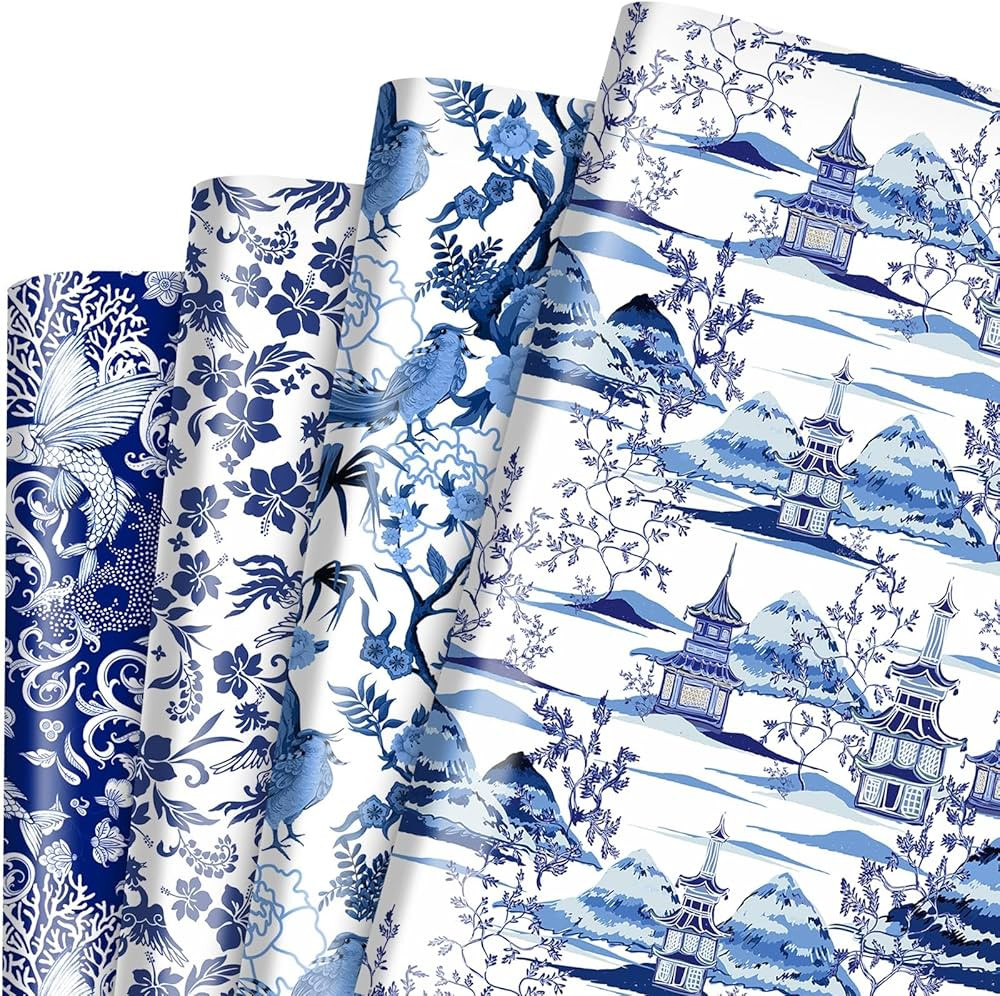 Bolsome 12 Sheets Blue White Chinoiserie Wrapping Paper Blue White Vintage Peony Floral Bird Fish... | Amazon (US)
