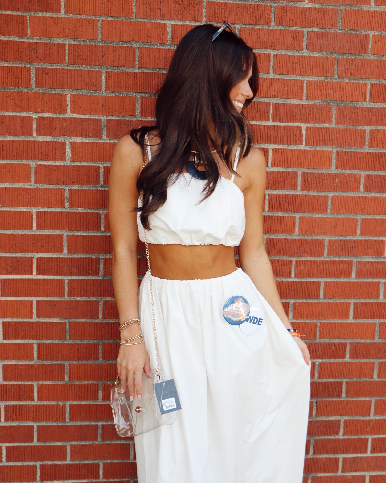 White maxi skirt set perfect for gameday, brunch, or dinner with the girls!!! 
Top- XS
Bottom- XS