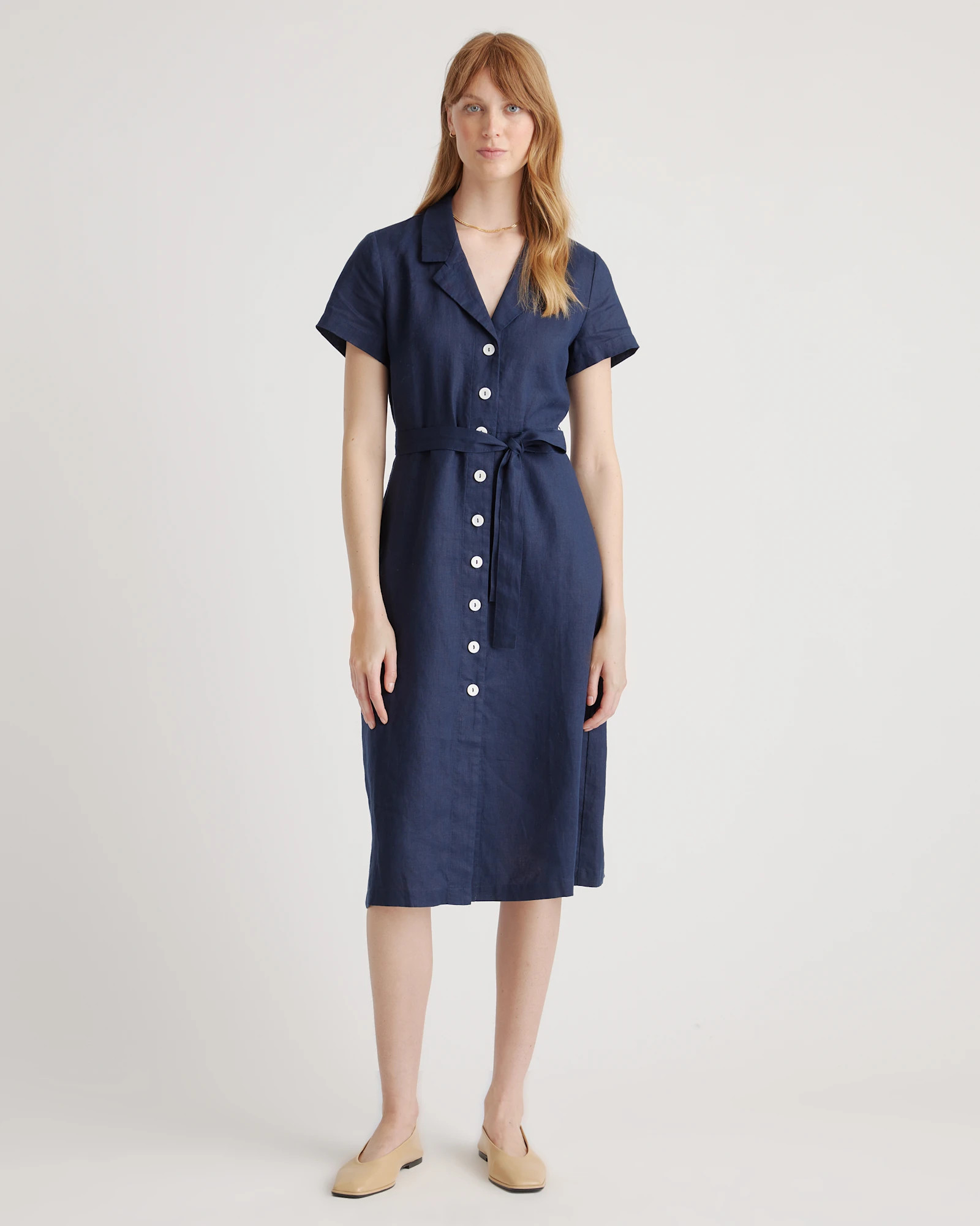 100% European Linen Button Front Dress in Deep Navy | Quince