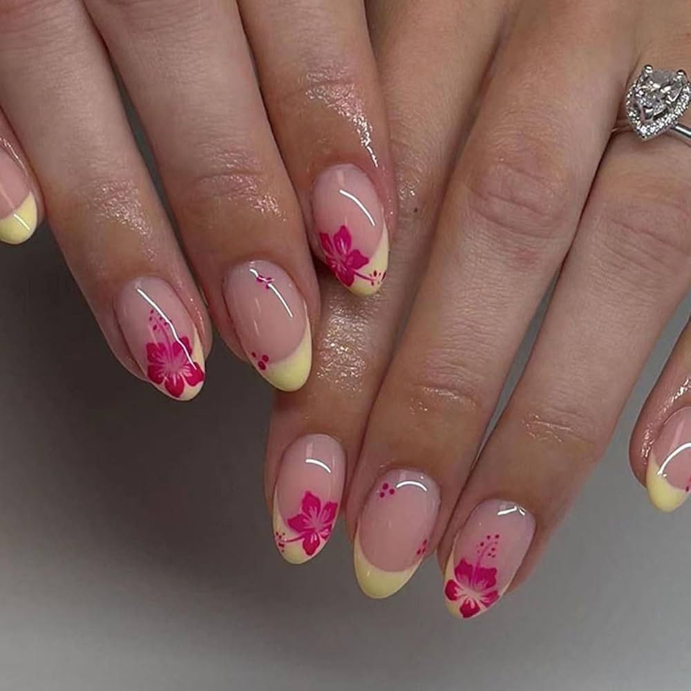 French Press on Nails Short Oval Fake Nails with Designs French Tip Nails Red Hawaii Flower Patte... | Amazon (US)