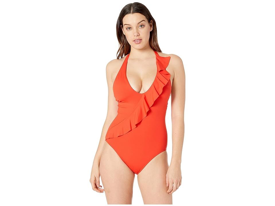 LAUREN Ralph Lauren Beach Club Solids Ruffle Halter One-Piece (Red) Women's Swimsuits One Piece | Zappos