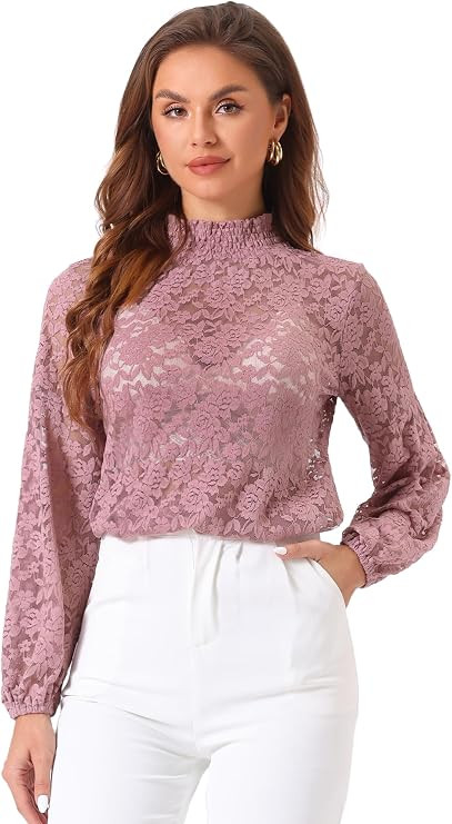 Allegra K Women's Floral Lace Top Turtleneck Puff Long Sleeve See Through Sheer Blouse | Amazon (US)