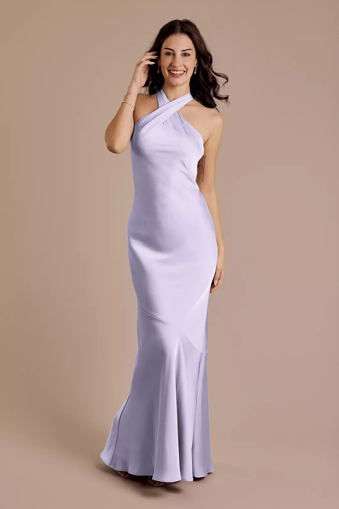 Matte Satin Y-Neck Bias Sheath Dress | David's Bridal | David's Bridal