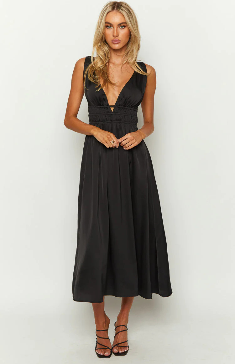 Ophelia Black Satin Maxi Dress | Beginning Boutique (US)