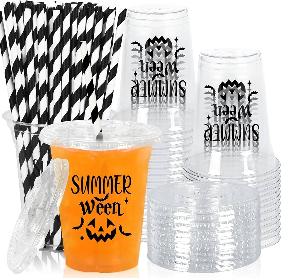 JarThenaAMCS 50Pcs Summerween Plastic Cups Disposable Cups with Lids Straws 12oz Black Pumpkin Cl... | Amazon (US)