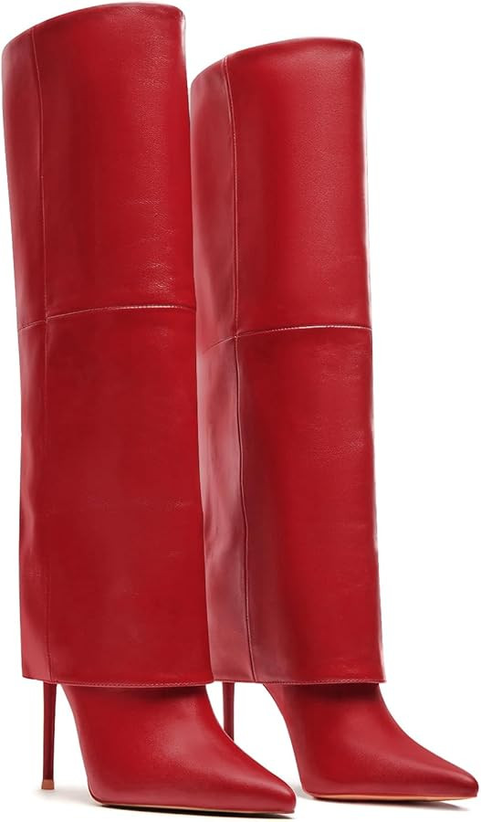femflame Fold Over Boots For Women,Pointed Toe Stiletto Heel Knee High Boots Wide Calf Long Boots... | Amazon (US)