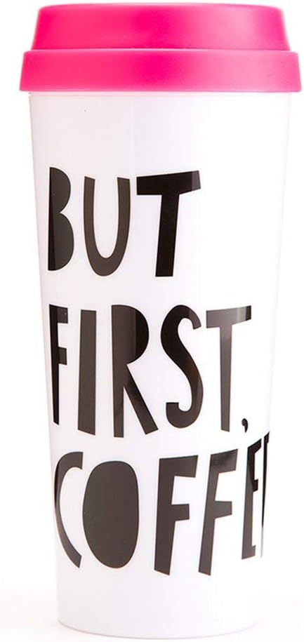 Ban.do Hot Stuff Insulated Thermal Travel Mug Tumbler, 16 Ounces, But First Coffee (Pink) | Amazon (US)