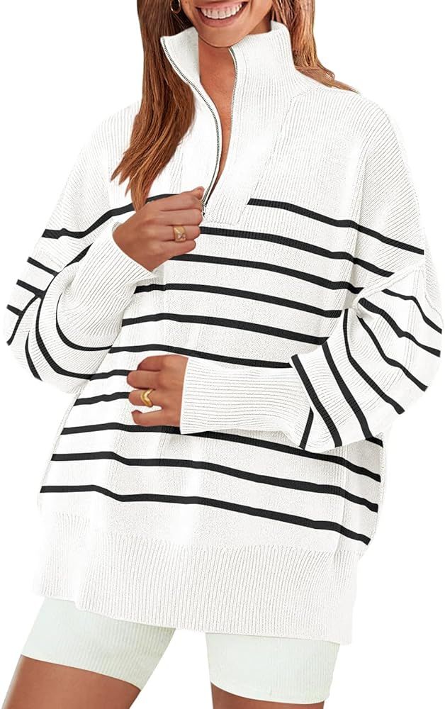 ZESICA Women's Striped Sweaters Half Zipper Long Sleeve Ribbed Knit Loose Oversized Fall Pullover Sweater Tops | Amazon (US)