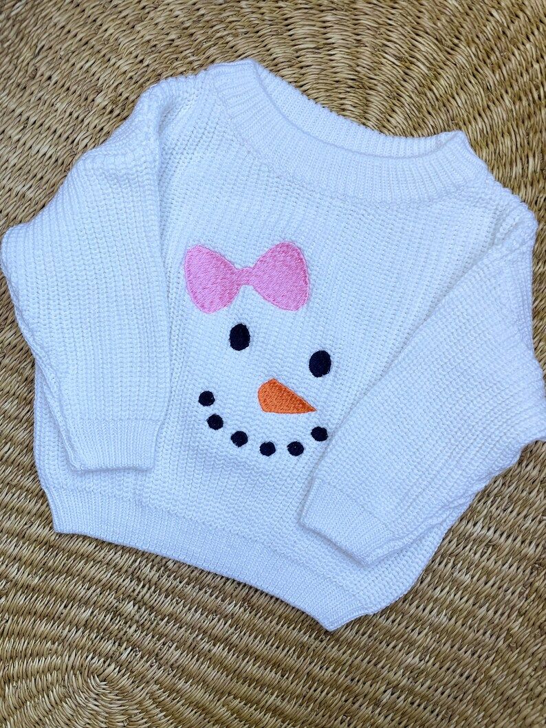 Baby Girl Snowman Embroidered Sweater - Baby/Toddler Girls Snowman Face With Bow Embroidered Chun... | Etsy (US)