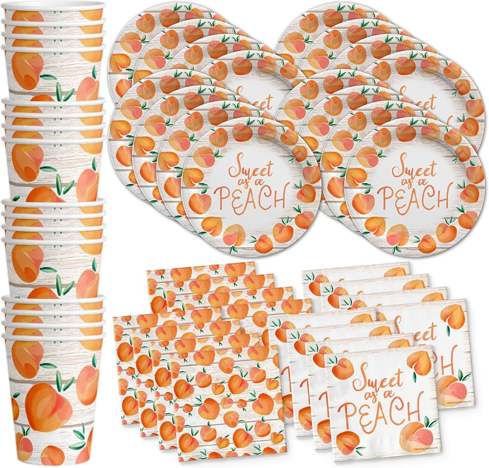Sweet as a Peach Party Supplies Set Plates Napkins Cups Tableware Kit for 16 | Amazon (US)