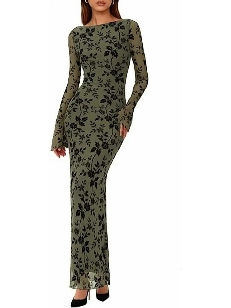 PRETTYGARDEN Women's Floral Bodycon Maxi Dress Fall Elegant Mesh Long Sleeve Formal Wedding Guest... | Walmart (US)