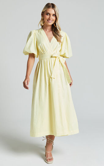 Amalie The Label - Franc Linen Puff Sleeve Wrap Midi Dress in Lemon | Showpo (US, UK & Europe)