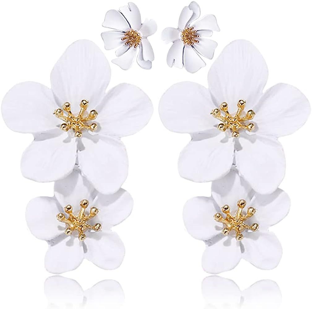 GPASTG Large Metal Double Flower Matt Earring Chic Statement Dangle Drop Wedding Earrings For Wom... | Amazon (US)