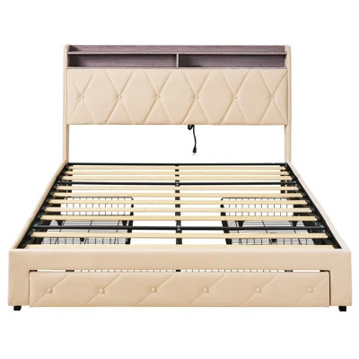 Full Size Storage Platform Bed Frame with Charging Station and LED Lights, Upholstered Bed Frame with Velvet Storage Bookcase Headboard, 3 Storage Dra | Wayfair North America