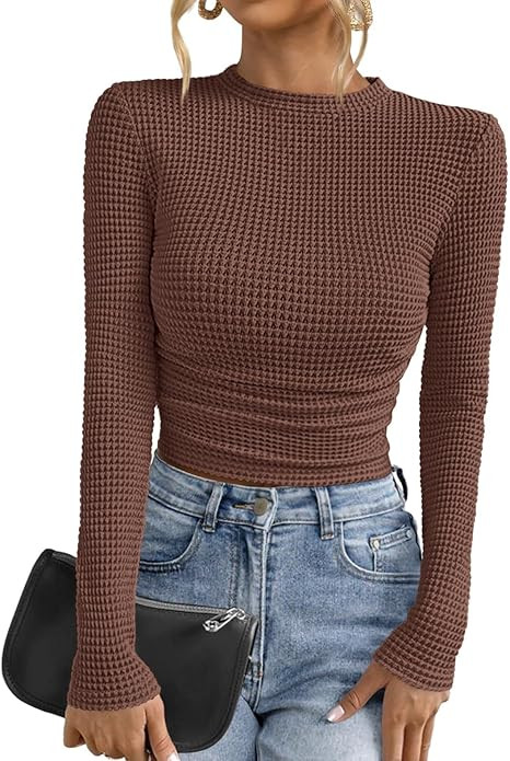PRETTYGARDEN Womens Tops 2026 Spring Long Sleeve Fitted T Shirts Waffle Ruched Crop Shirt Basic K... | Amazon (US)