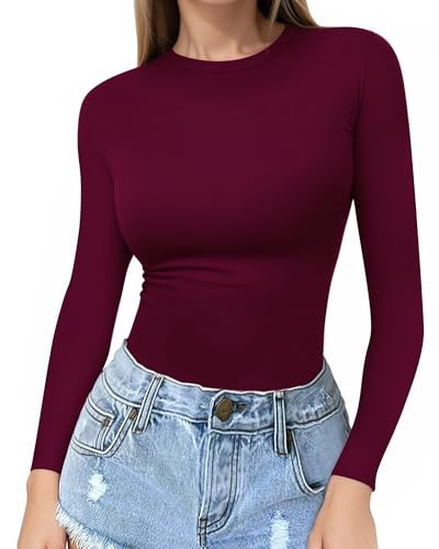 MANGOPOP Crew Neck Long Sleeve T Shirt Women Fitted Shirts Tight Neck T Shirts Basic Tee Tops(XX-Large,Burgundy) | Amazon (US)