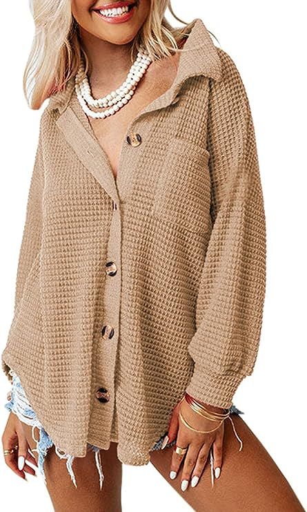 SHEWIN Womens Waffle Knit Button Down Shirts Casual Long Sleeve Shacket Jacket Boyfriend Tops Blo... | Amazon (US)