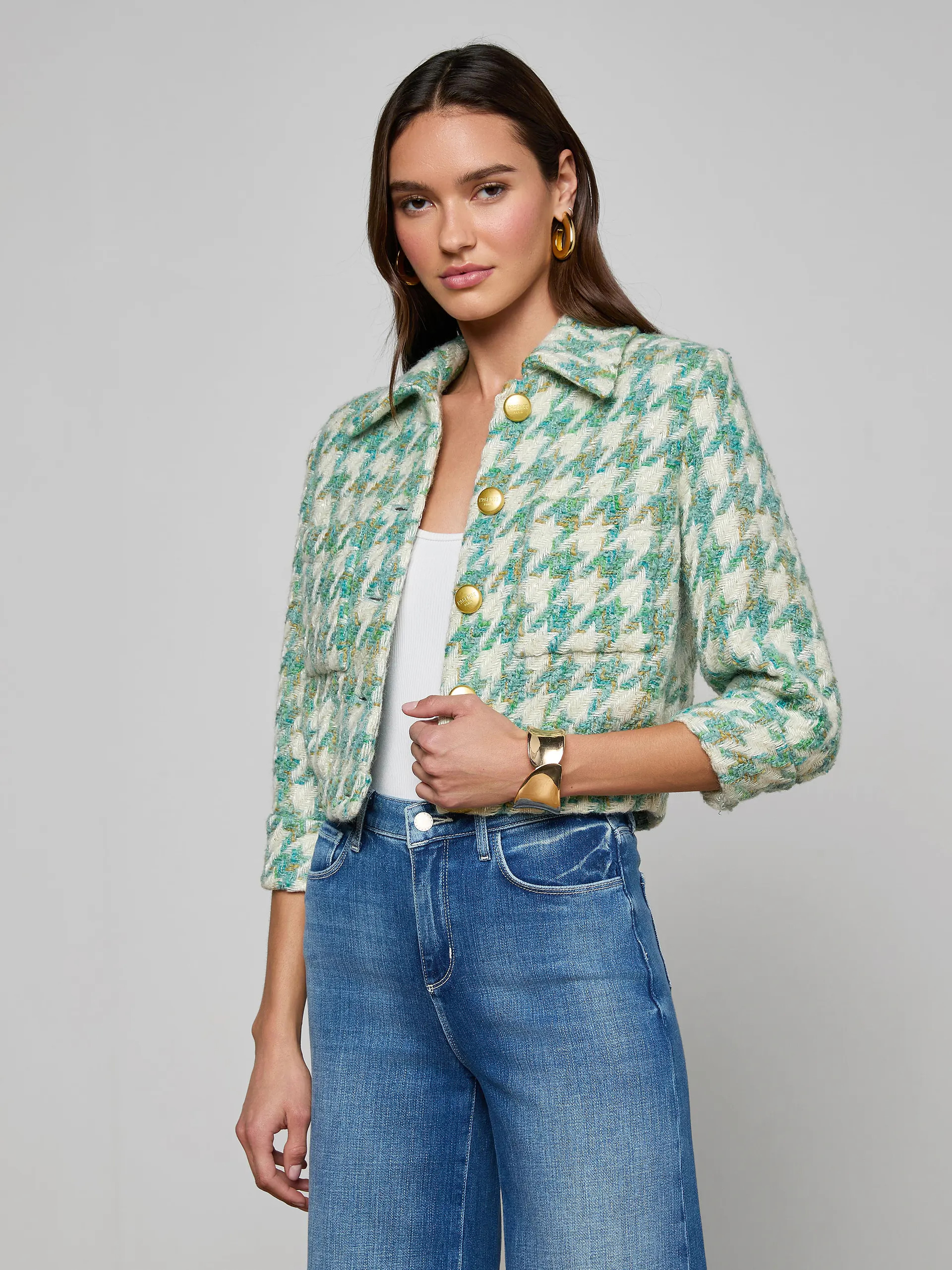 Jia Houndstooth Tweed Jacket in Dusty Jade Multi Houndstooth | L'AGENCE | L'Agence