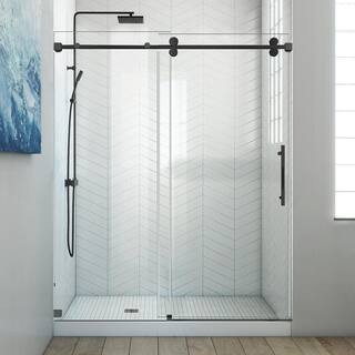 WELLFOR 60 in. W x 76 in. H Sliding Frameless Shower Door with 3/8 in. Clear Glass in Matte Black By | The Home Depot