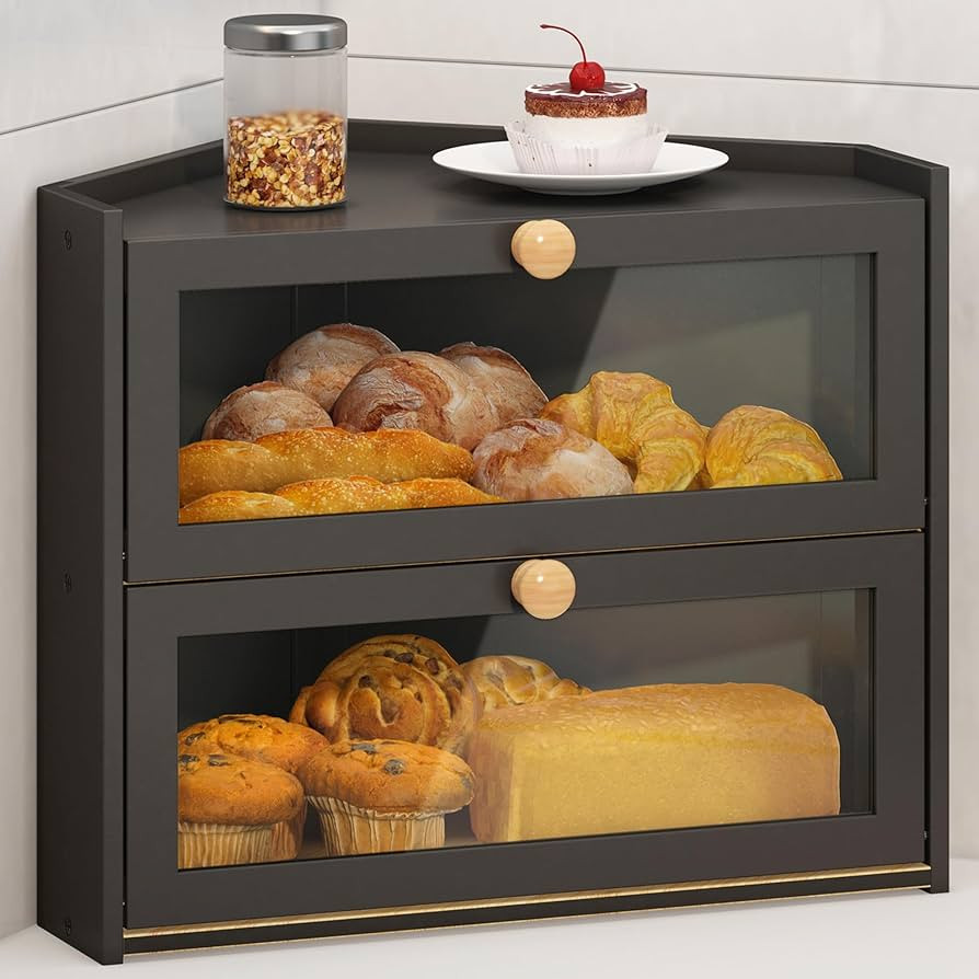JANSNIMEN Black Corner Bread Box for Kitchen Countertop, Large Bread Container Storage Bamboo Woo... | Amazon (US)