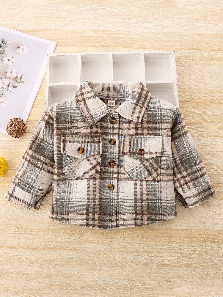 Baby Plaid Button And Pocket Coat | SHEIN