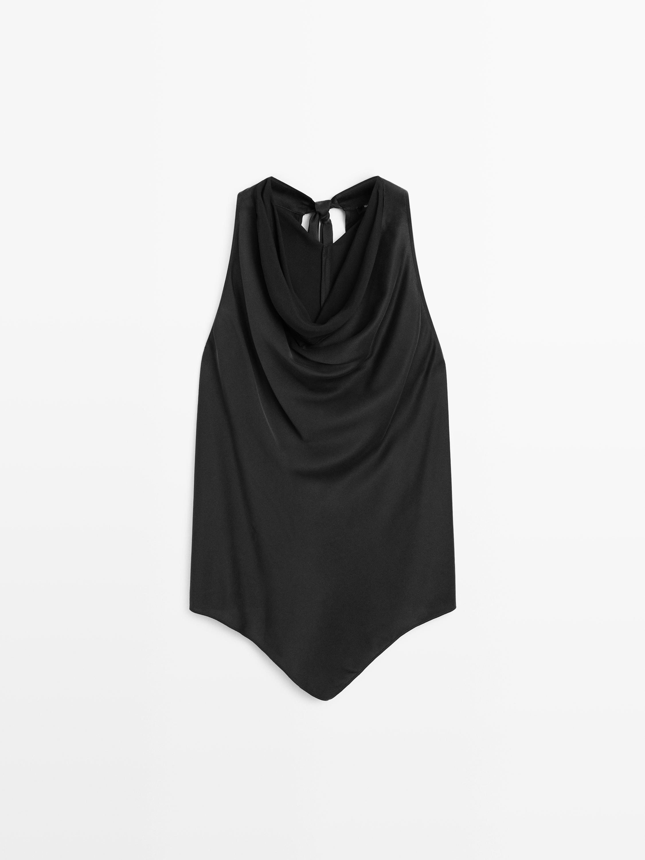 Silk blend top with cowl neck and tie | Massimo Dutti UK