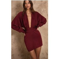 PLT Label Dark Red Hammered Satin Long Sleeve Plunge Mini Dress | PrettyLittleThing US