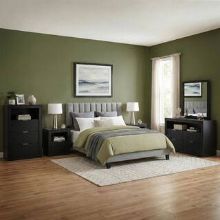 Davenly 6-Piece Black/Grey Wood Frame Upholstered King Panel Bedroom Set | The Home Depot