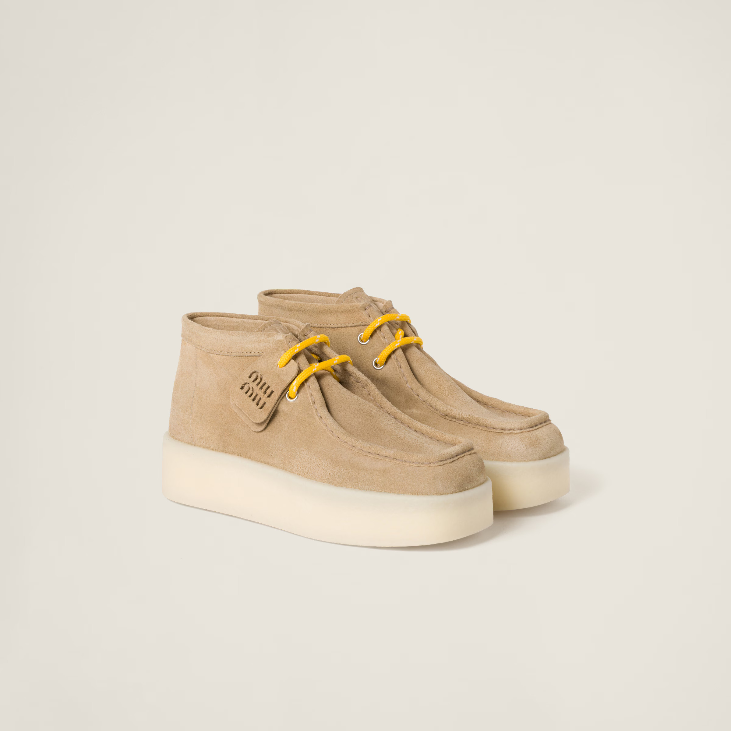 Ecru Suede Delave Wedge Ankle Boots | Miu Miu | Miu Miu UK