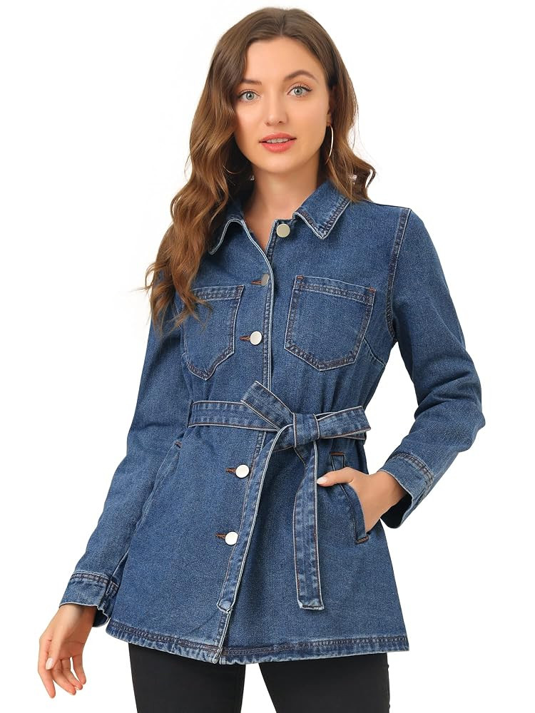 Allegra K Women's Casual Jean Jackets Long Sleeves Tie Waist Button Down Denim Jacket | Amazon (US)