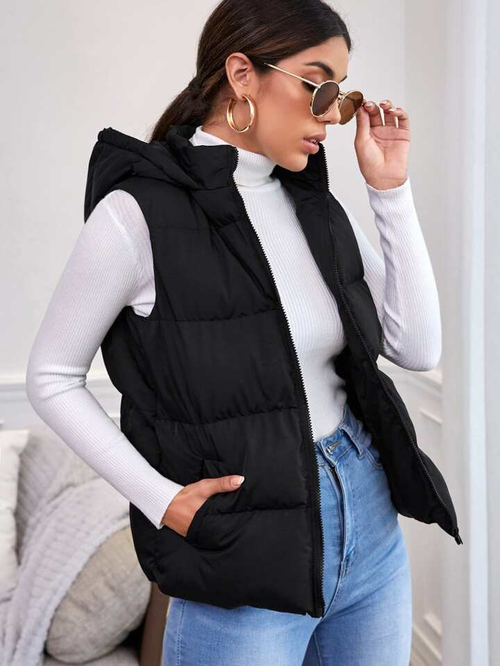 SHEIN Frenchy Zipper Up Slant Pocket Hooded Sleeveless Puffer Coat | SHEIN