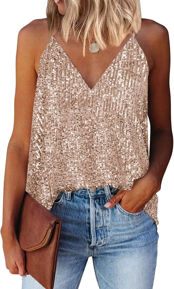 miduo Womens Tanks Tops Summer Sparkle Sequin Tops V Neck Tank Top Shirts | Amazon (US)