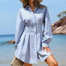 Womens Striped Lantern Sleeve Shirt Dress In Blue And White For Vacation | SHEIN