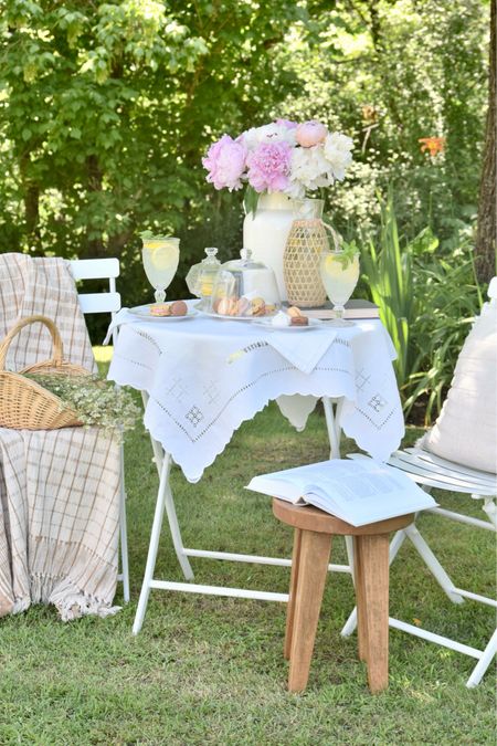 Outdoor dining, 
Al fresco, spring decor, spring tablescape, table for two, outdoor furniture, tableware, blanket, throw, cottage, spring entertaining, summer entertaining, woven pitcher, vintage glasses, Walmart, wayfair, pottery barn, Etsy, replacements ltd, vintage china 

#LTKSeasonal #LTKhome #LTKparties