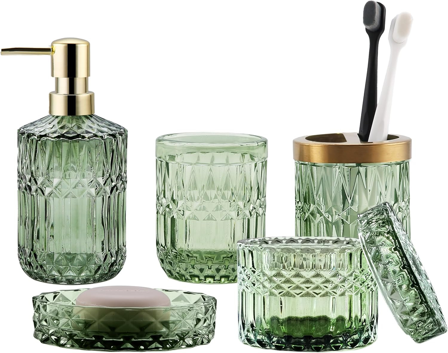 Green Bathroom Accessories Set, 5Pcs Clear Glass Bathroom Accessories, Hand Soap Dispenser, Soap ... | Amazon (US)