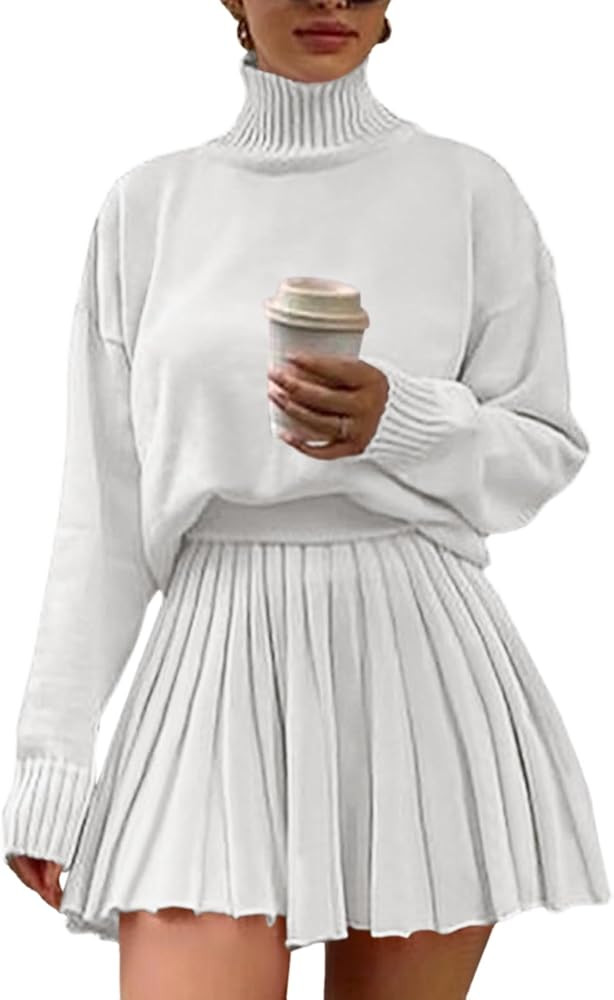 Women's 2 Piece Outfits Turtleneck Long Sleeve Oversized Pullover Sweaters and Pleated Mini Skirt... | Amazon (US)