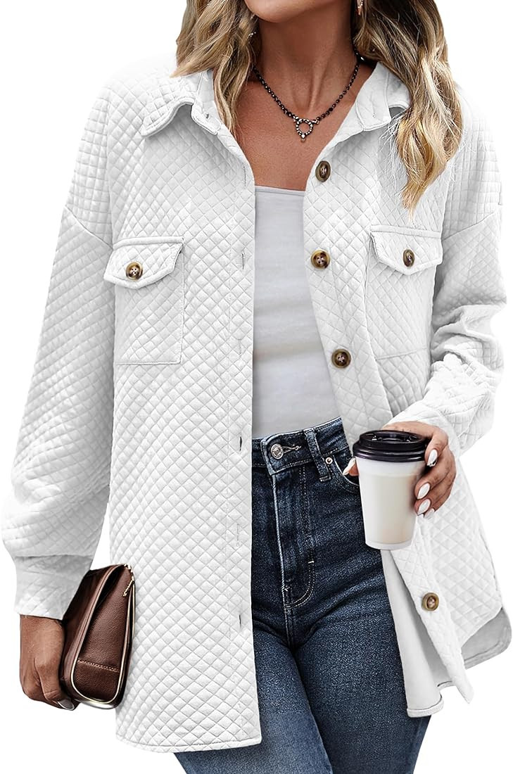 HOTOUCH Women's Oversized Quilted Shirt Jackets Solid Shacket Casual Long Sleeve Button Down Coat... | Amazon (US)