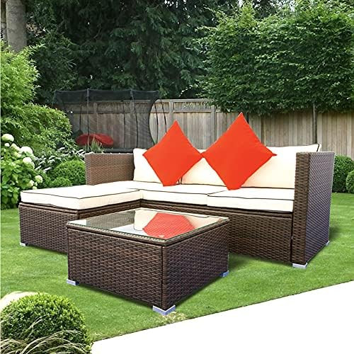LEBEMPEL 5 Pieces Patio Conversation Set Wicker Rattan Outdoor Furniture Sofa Set with Glass Tabl... | Amazon (US)