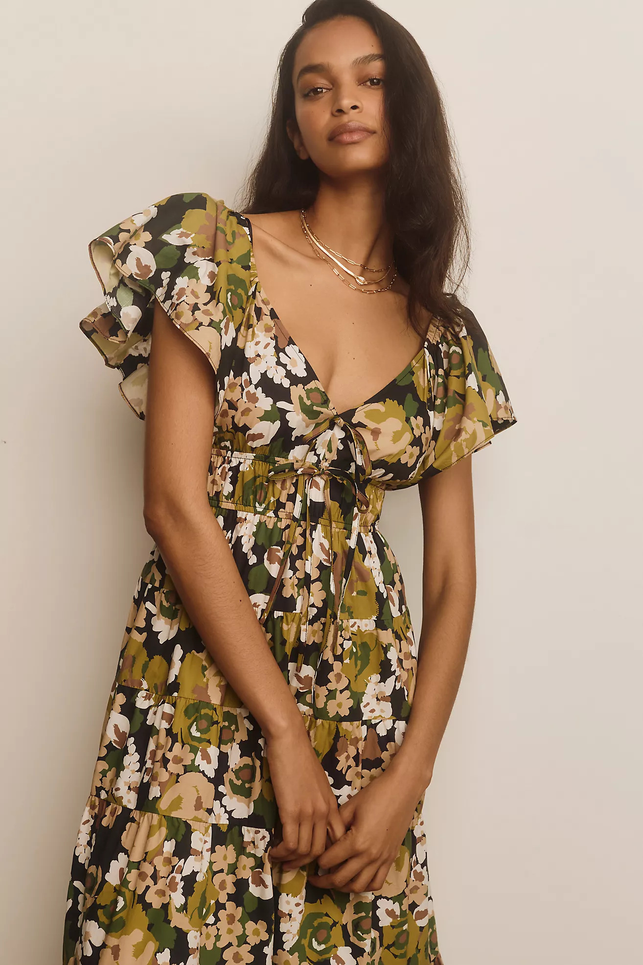 Moon River V-Neck Shirred Midi Dress | Anthropologie (US)