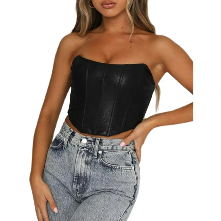 Loalirando Women Solid Color Strapless Bustier Irregular Hem PU Leather Corset Bodycon | Walmart (US)