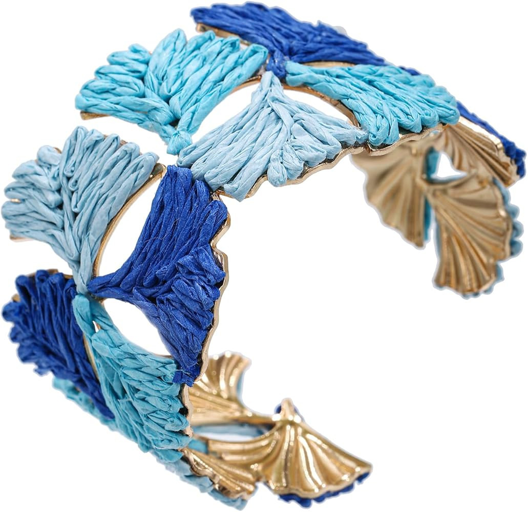 Women's Raffia Cuff Bracelet with Ginkgo Leaf, Handmade Summer Beach Jewelry, Vibrant Gradient Co... | Amazon (US)