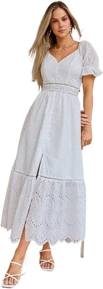 Women's 2024 Boho Maxi Dresses Short Sleeve Burnout Floral Embroidery Slit Hem Dress | Amazon (US)