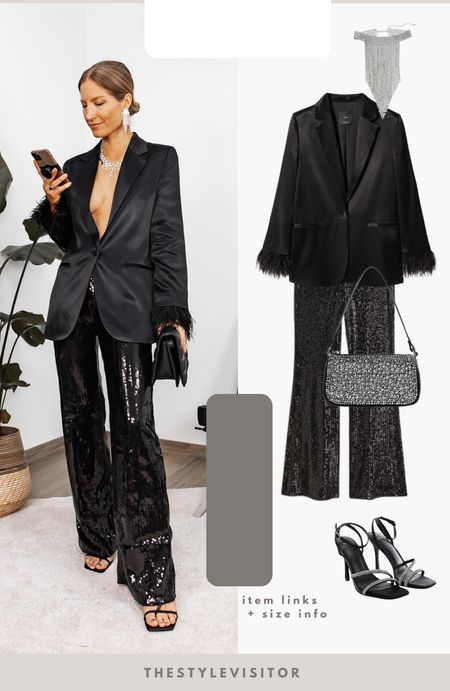 Love this satin blazer. I paired it with a sequin pants but you can wear a top underneath as well of course. I suggested some other sequin pants as well. Read the size guide/size reviews to pick the right size.

Leave a 🖤 if you want to see more party outfits like this

#date night outfit #datenight #black outfit #sequinnedpants #satinblazer #partywear 

#LTKHoliday #LTKSeasonal #LTKstyletip