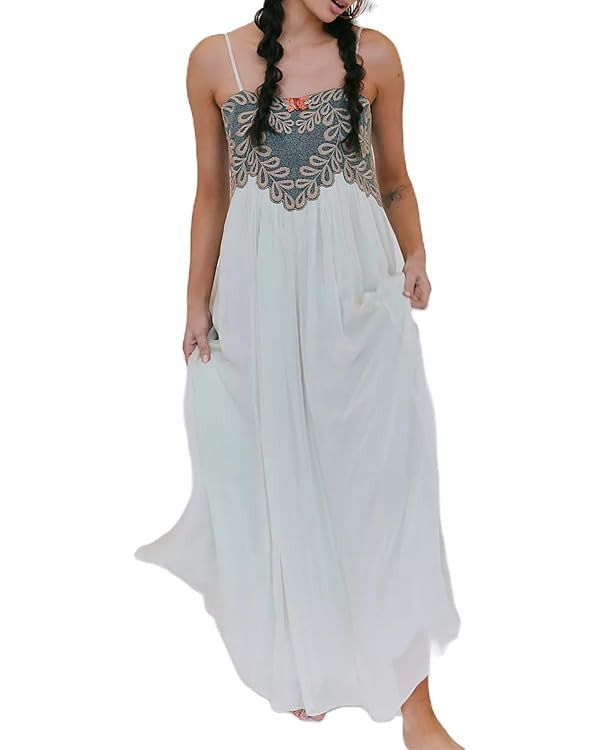 Women Summer Dresses Flowy Smocked Maxi Dress Sleeveless Tie Shoulder Boho Dresses Y2K Floral Bea... | Amazon (US)